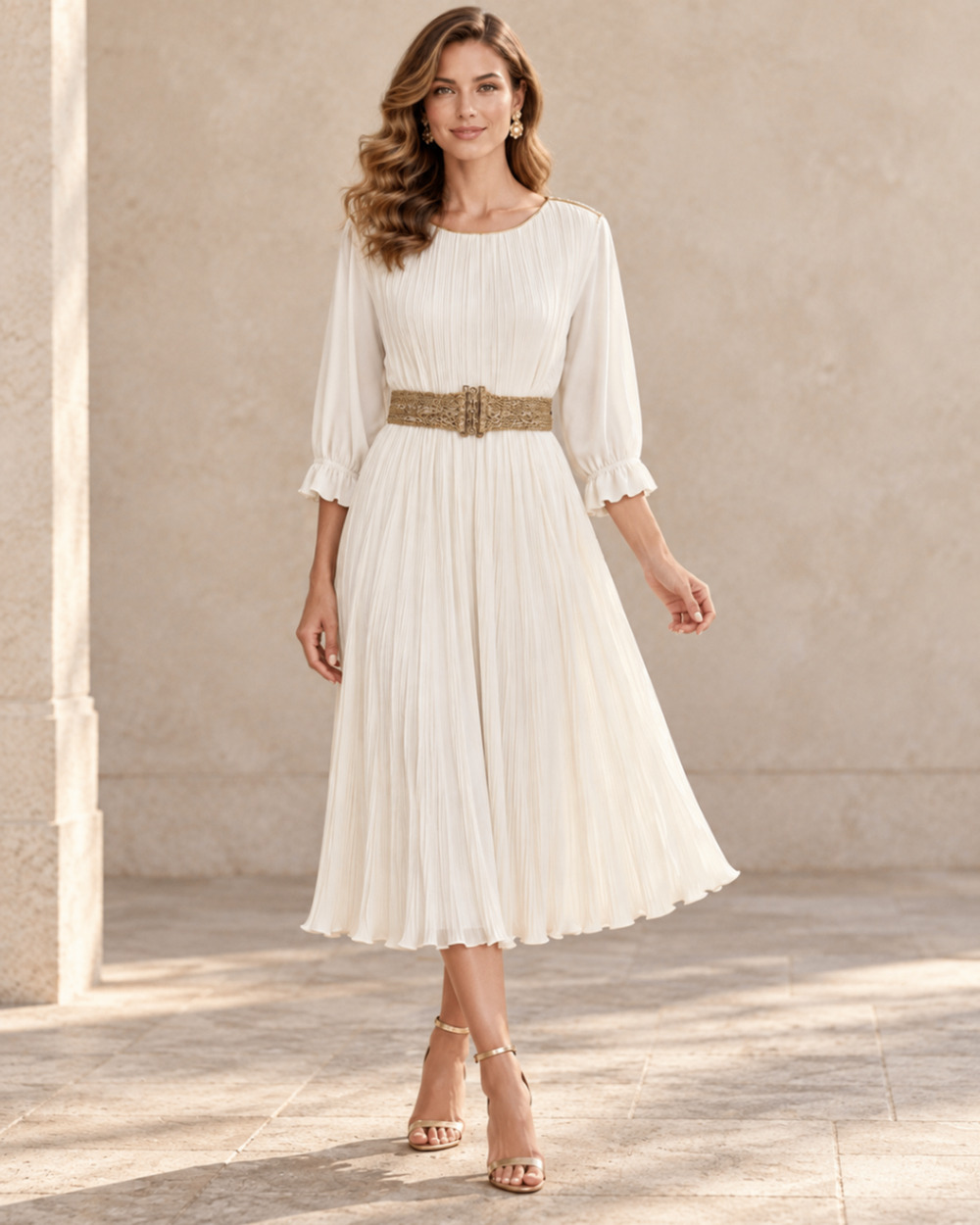 Vintage Hal Ferman 70s Ivory Pleated Midi Dress Gold Belt Bridal Grecian